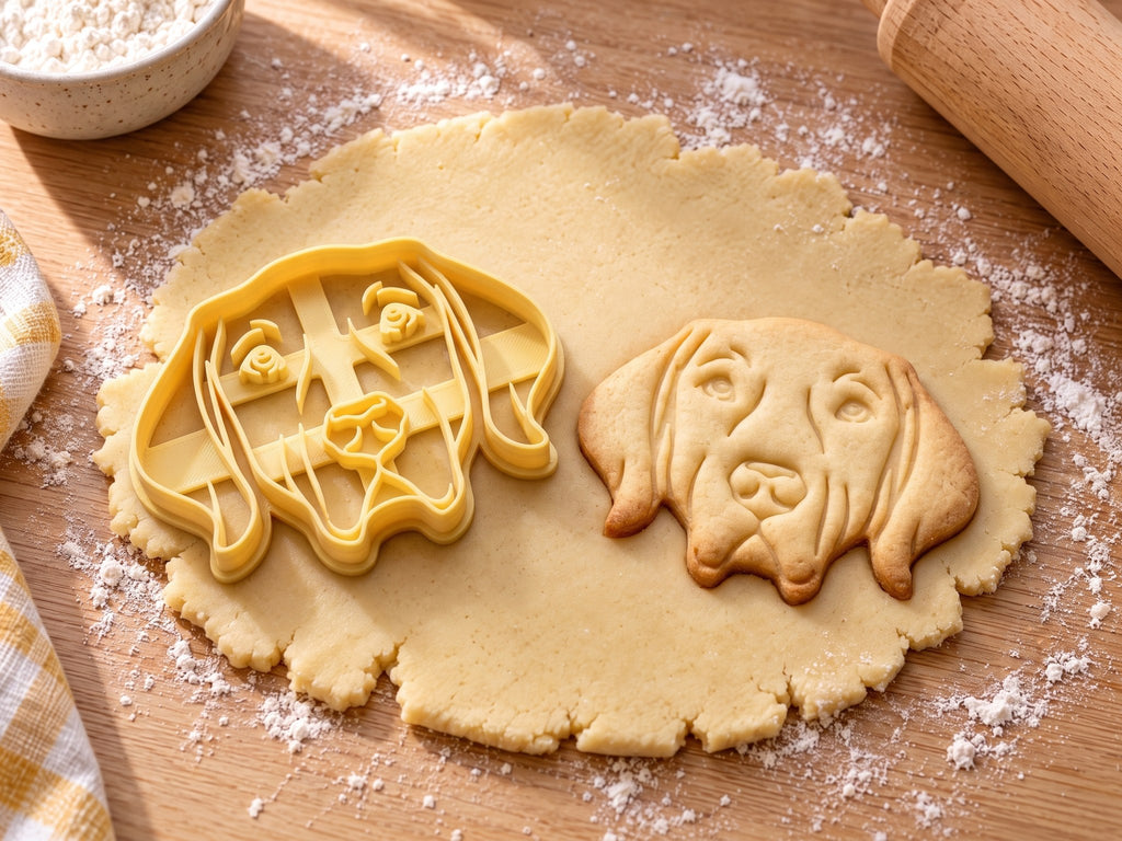 Butter-gelber Weimaraner-Ausstecher mit Prägung neben gebackenem Keks mit schmalem Hundekopf und langen Hängeohren auf hellem Holz