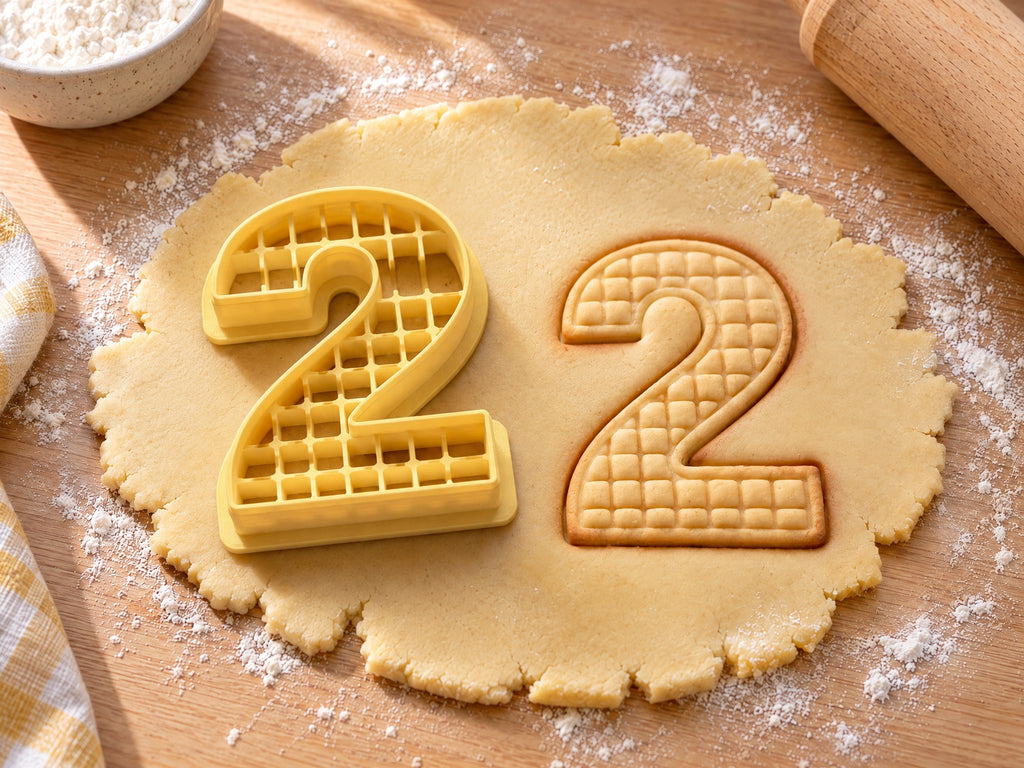 Butter-gelber Ausstecher Zahl 2 mit Prägung neben gebackenem Keks mit feinem Gittermuster auf hellem Holz