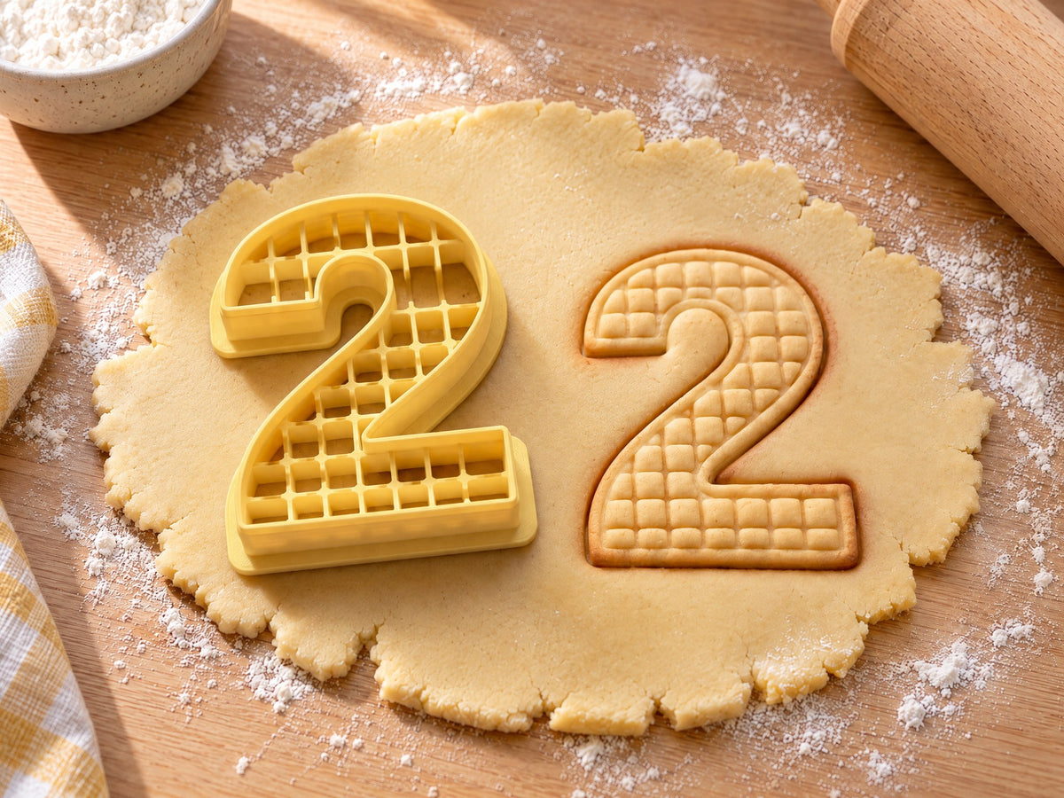 Butter-gelber Ausstecher Zahl 2 mit Prägung neben gebackenem Keks mit feinem Gittermuster auf hellem Holz
