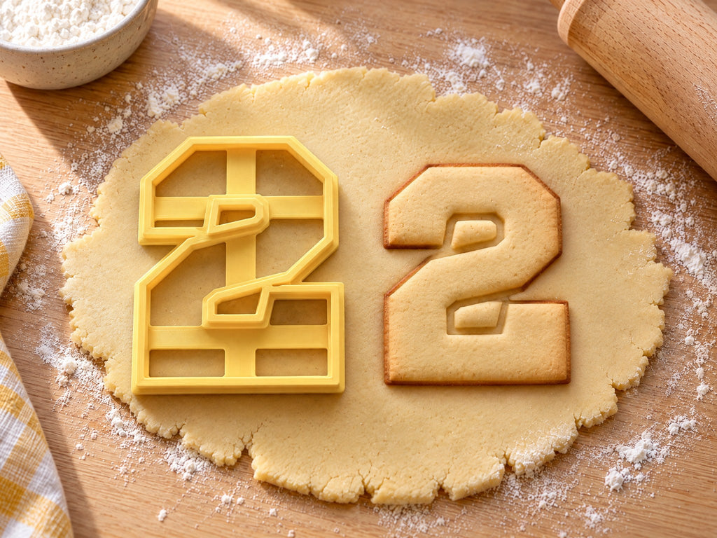 Butter-gelber Ausstecher Zahl 2 mit Prägung neben kantigem Keks in Form einer Zwei mit abgeschrägten Ecken auf hellem Holz