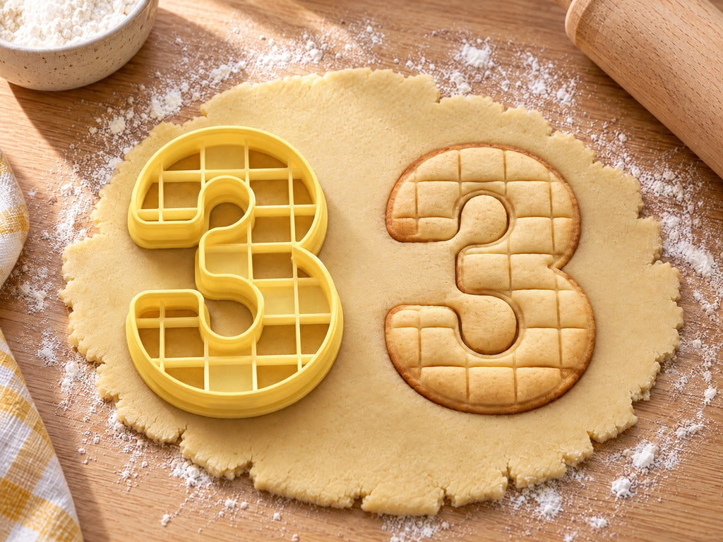 Butter-gelber Ausstecher Zahl 3 mit Prägung neben gebackenem Keks mit gerundeten Karos auf hellem Holz