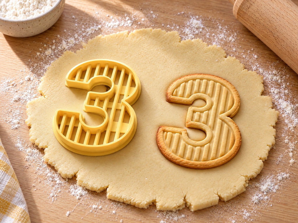 Butter-gelber Ausstecher Zahl 3 mit Prägung neben Keks in Form einer runden Drei mit senkrechten Streifen auf hellem Holz