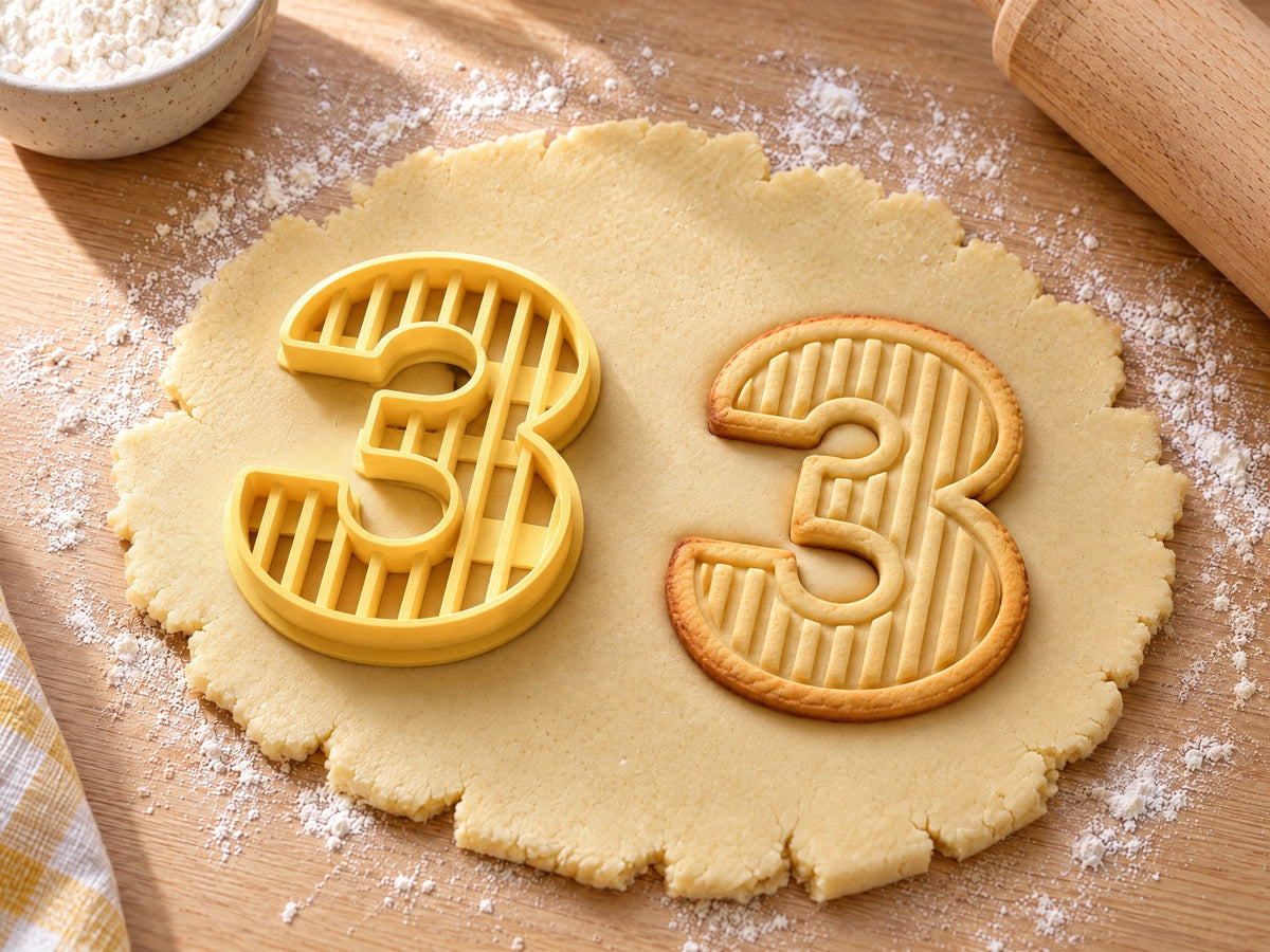 Butter-gelber Ausstecher Zahl 3 mit Prägung neben Keks in Form einer runden Drei mit senkrechten Streifen auf hellem Holz
