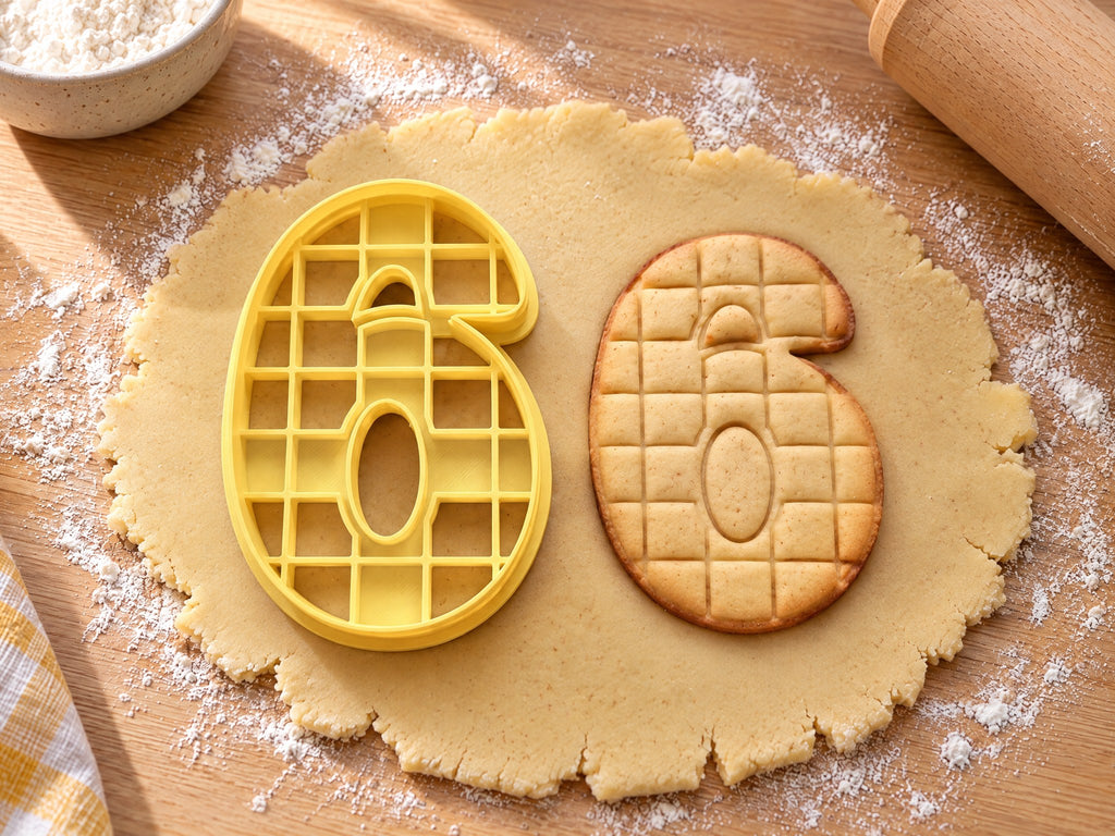 Butter-gelber Ausstecher Zahl 6 mit Prägung neben gebackenem Keks mit Kästchenmuster wie im Rechenheft auf hellem Holz