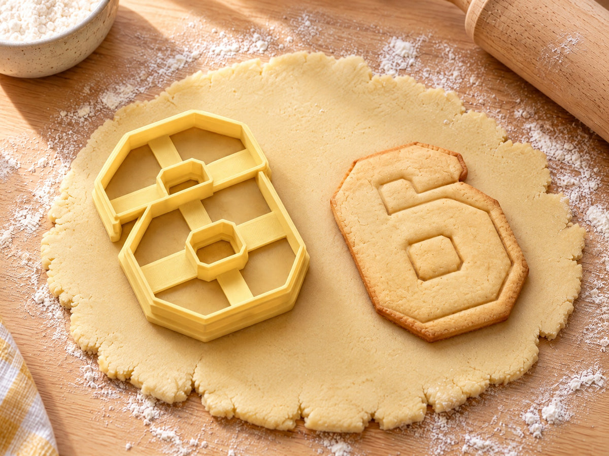 Butter-gelber Ausstecher Zahl 6 mit Prägung neben Keks in Form einer eckigen Sechs mit Fenster auf hellem Holz