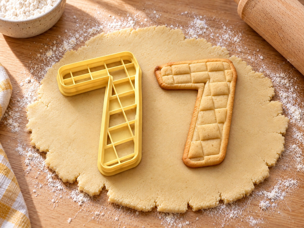 Butter-gelber Ausstecher Zahl 7 mit Prägung neben gebackenem Keks mit eingeprägten Karo-Feldern auf hellem Holz