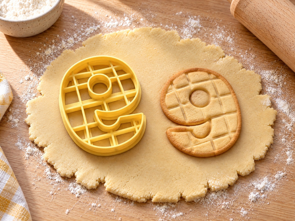 Butter-gelber Ausstecher Zahl 9 mit Prägung neben gebackenem Keks mit eingeprägtem Kästchengitter auf hellem Holz