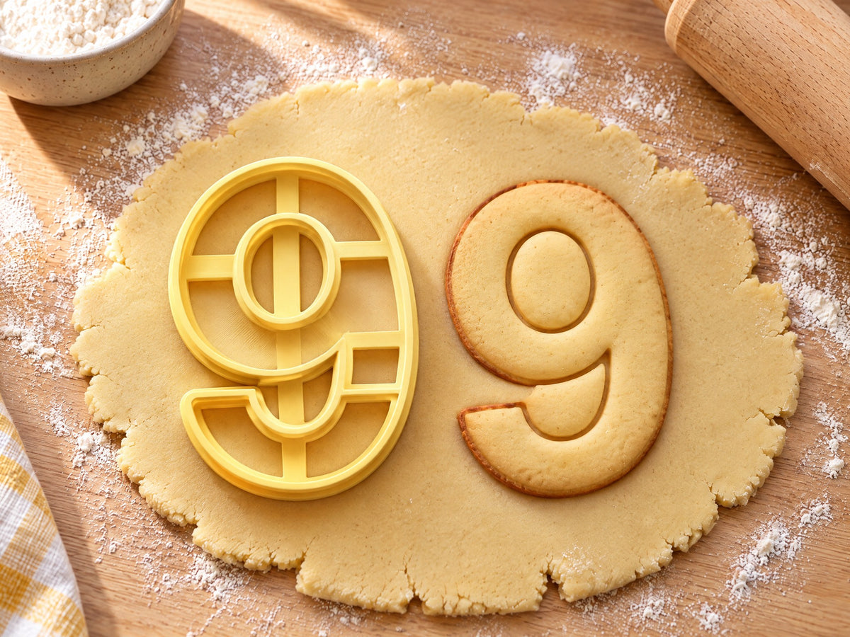 Butter-gelber Ausstecher Zahl 9 mit Prägung neben Keks in Form einer runden Neun mit Konturlinie auf hellem Holz