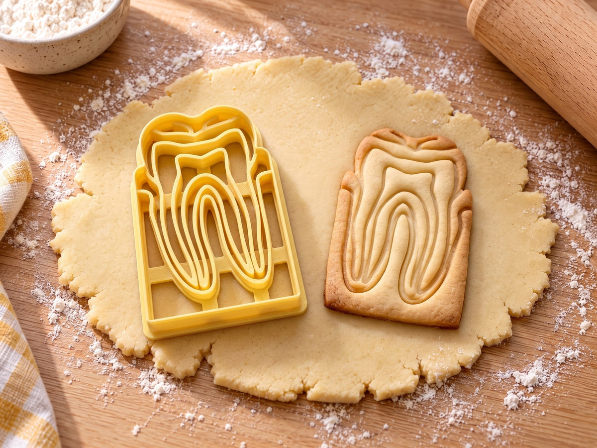 Butter-gelber Ausstecher mit Prägung: Zahn im Querschnitt mit Rahmen, daneben Keks mit Schmelz, Pulpa und Wurzelkanälen auf hellem Holz