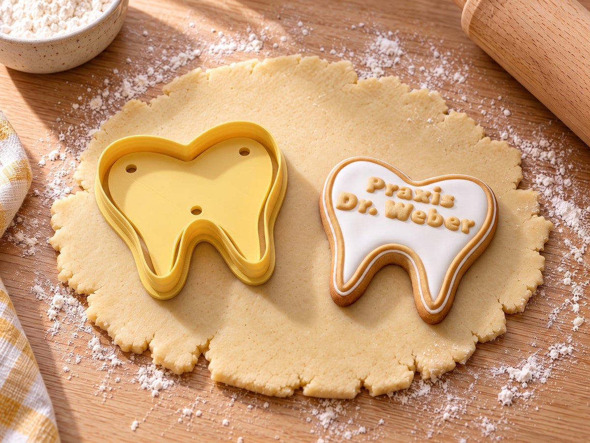 Butter-gelber Zahn-Ausstecher neben gebackenem Zahnkeks mit weißem Zuckerguss und geprägtem Text „Praxis Dr. Weber“ auf ausgerolltem Teig und hellem Holz