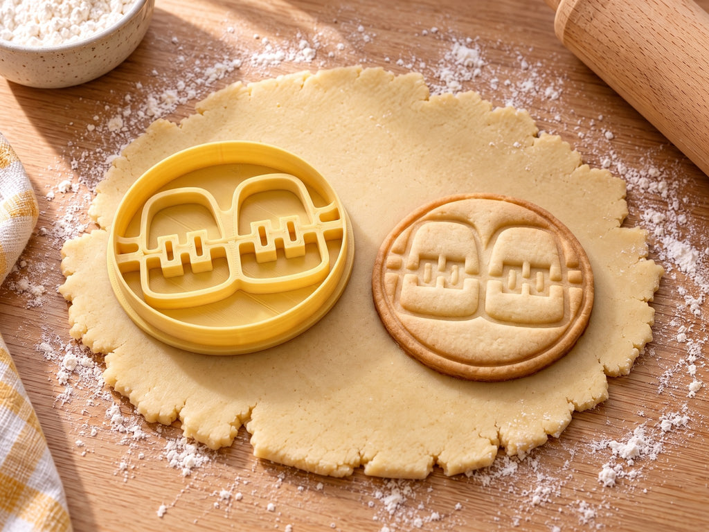 Butter-gelber Zahnspange-Ausstecher mit Prägung neben rundem Keks mit Schneidezähnen, Brackets und Draht auf hellem Holz