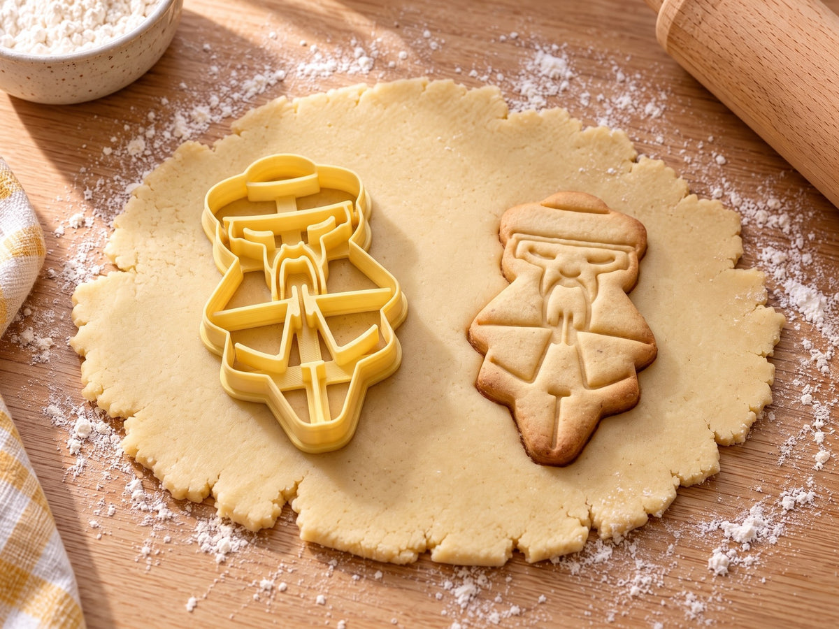 Butter-gelber Zen-Meister-Ausstecher mit Prägung neben gebackenem Keks mit Kappe, geschlossenen Augen und Bart auf hellem Holz